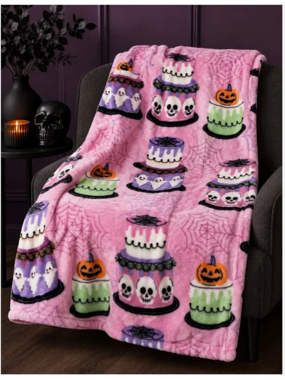 Betsey Johnson Halloween Plush Throw Blanket 50x70 Pink Skull Ghost Pumpkin Cake